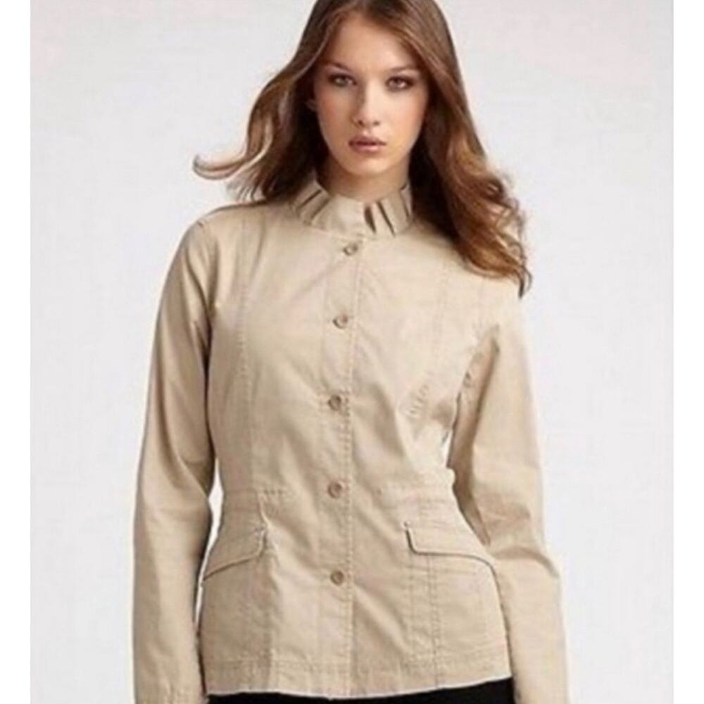 Eileen Fisher Lightweight Jacket Ruffle Collar Tan Field Jacket Stretch Medium